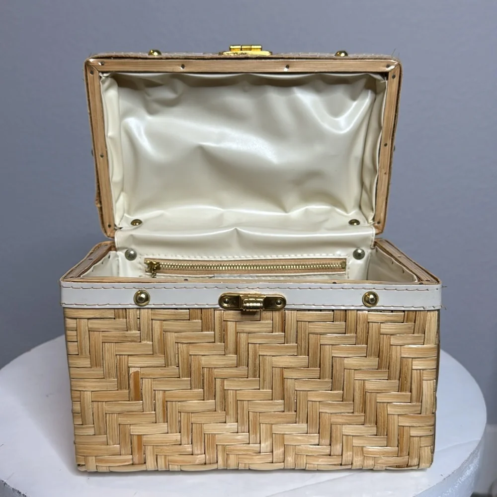 VINTAGE 1950s CHEVRON PATTERN STRAW WICKER WOVEN BOX HAND BAG - Picture 9 of 13